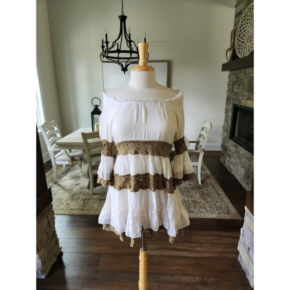 Boho‎ Lace & Cotton Bohemian Off the Shoulder Ruffle White Graduation Wedding - Picture 1 of 10